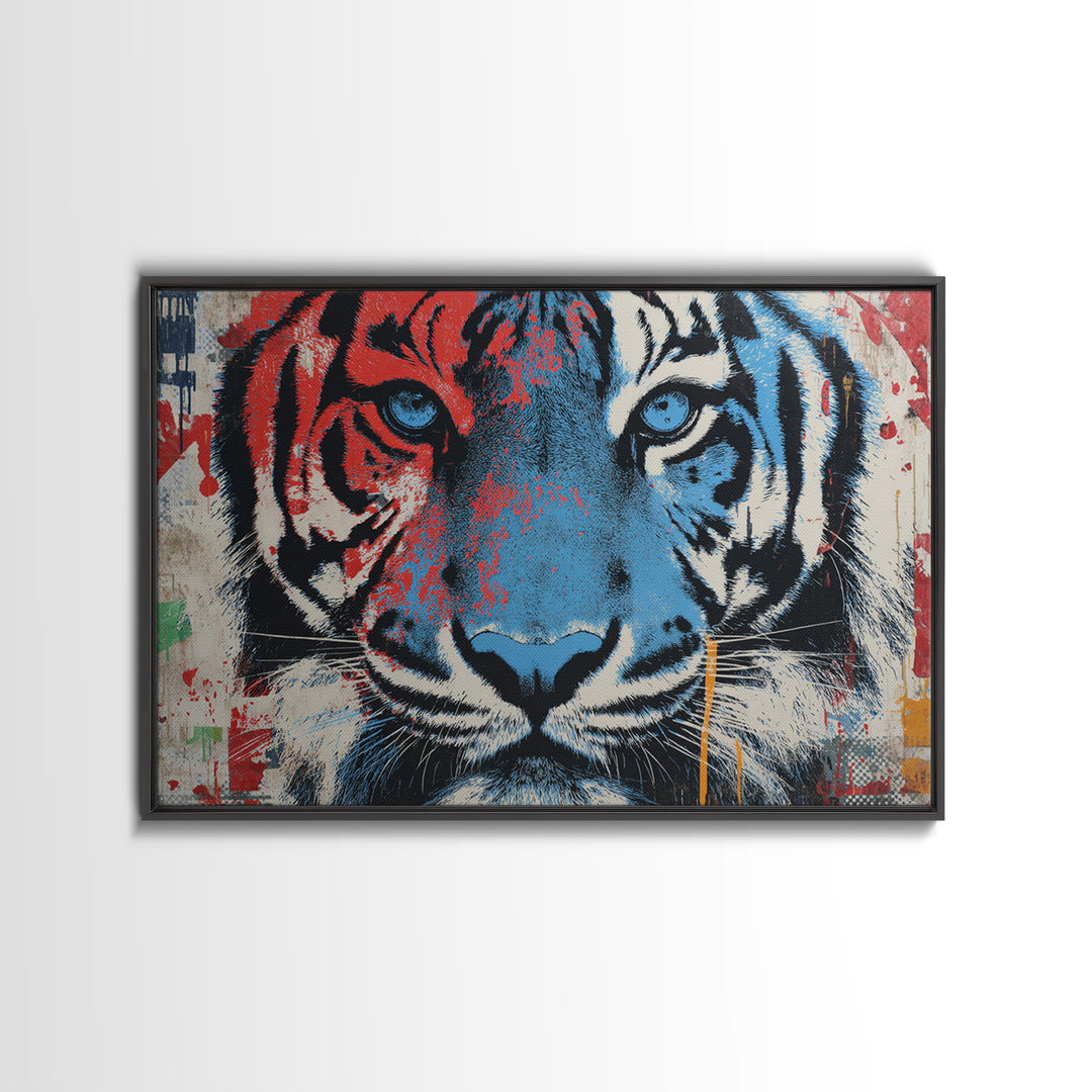 Spray Painted Tiger Face Canvas Print, Street Art, Poster, Living Room Decor, Urban, Poster Prints, Watercolor Painting, STR-3x2-84