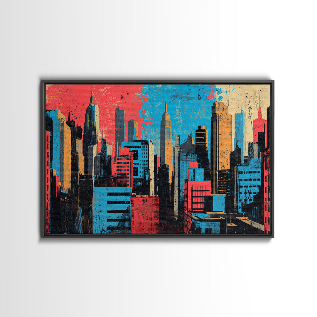 Urban Skyline Made from Stencil Layers Framed Canvas Print, Street Art, Abstract, Living Room Decor, Abstract Art, Urban, STR-3x2-90
