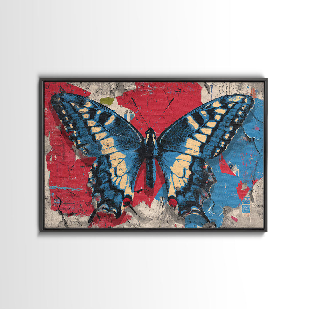 Spray Painted Butterfly on Cracked Concrete Framed Canvas Print, Street Art, Artwork, Living Room Decor, Fine Art, Urban, STR-3x2-99
