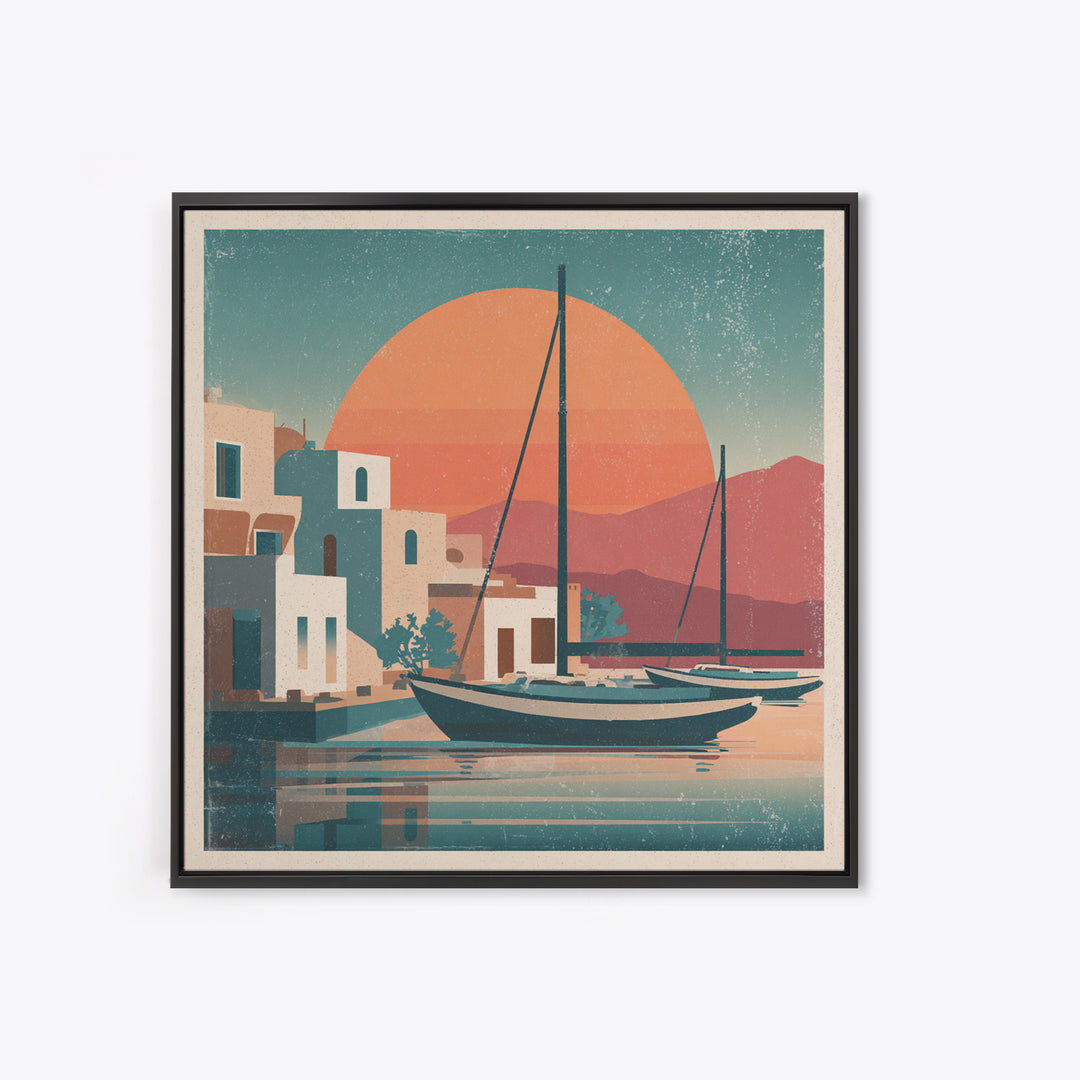 Greek Island Sailboat and Sun Poster Framed Canvas Print, Travel Poster(2), Luxury Decor, Living Room Decor, Fine Art, Voyage, TPO-1x1-40