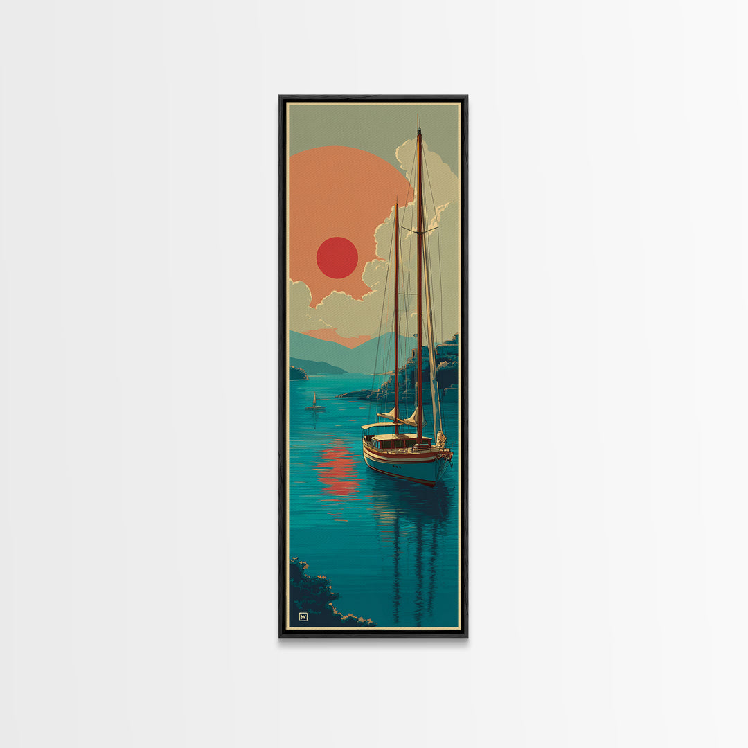 Greek Island Sailboat and Sun Poster Framed Canvas Print, Travel Poster(2), Modern Decor, Living Room Decor, Fine Art, Voyage, TPO-1x3-4