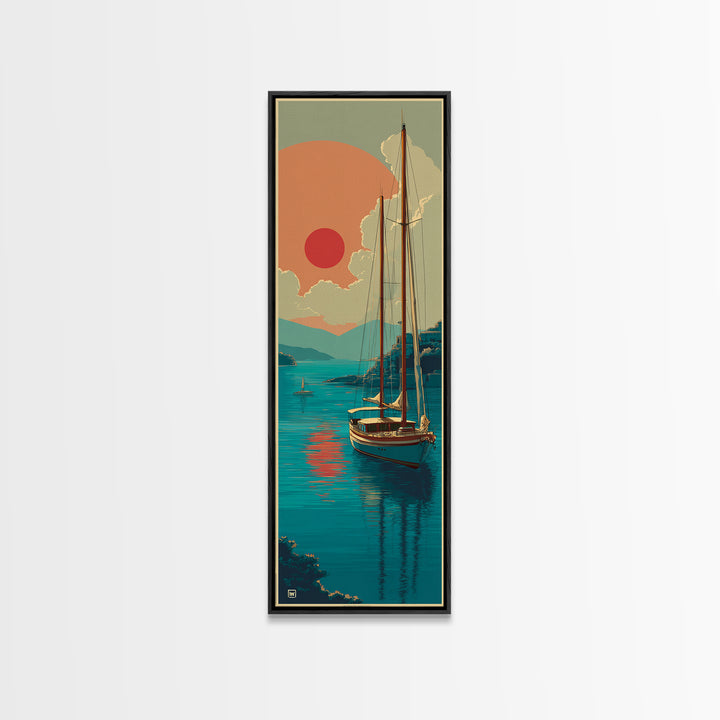 Greek Island Sailboat and Sun Poster Framed Canvas Print, Travel Poster(2), Modern Decor, Living Room Decor, Fine Art, Voyage, TPO-1x3-4