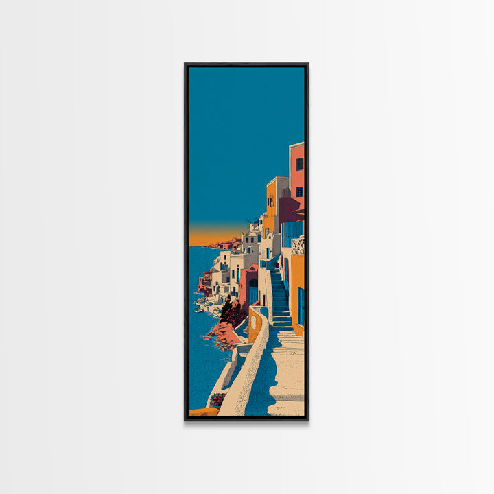 Santorini White Buildings and Cobalt Water Framed Canvas Print, Travel Poster(2), Digital Print, Living Room Decor, Voyage, TPO-1x3-64