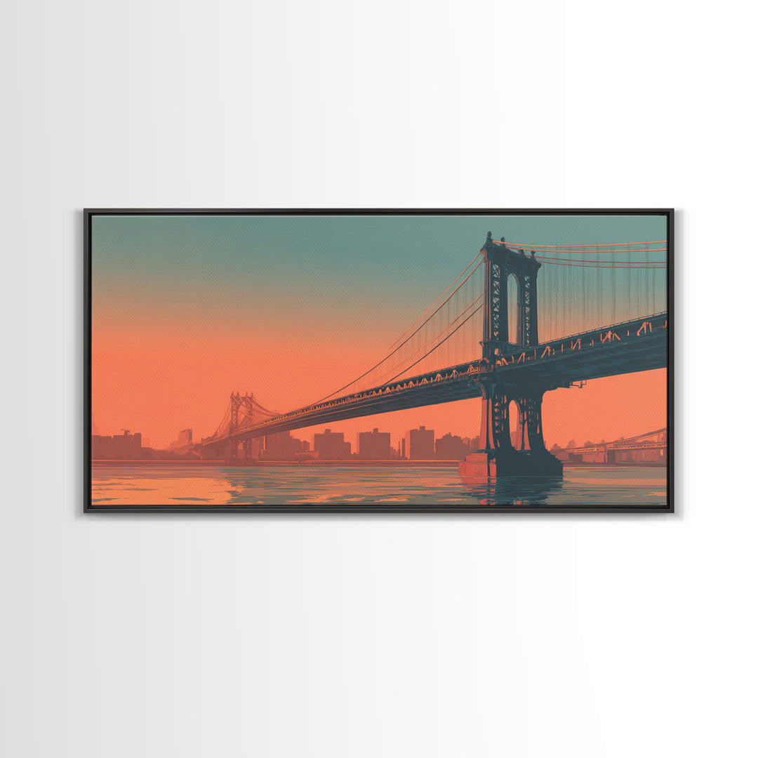 New York Bridge at Sunrise Framed Canvas Print, Travel Poster(2), Minimalist Decor, Living Room Decor, Fine Art, Voyage, TPO-2x1-50
