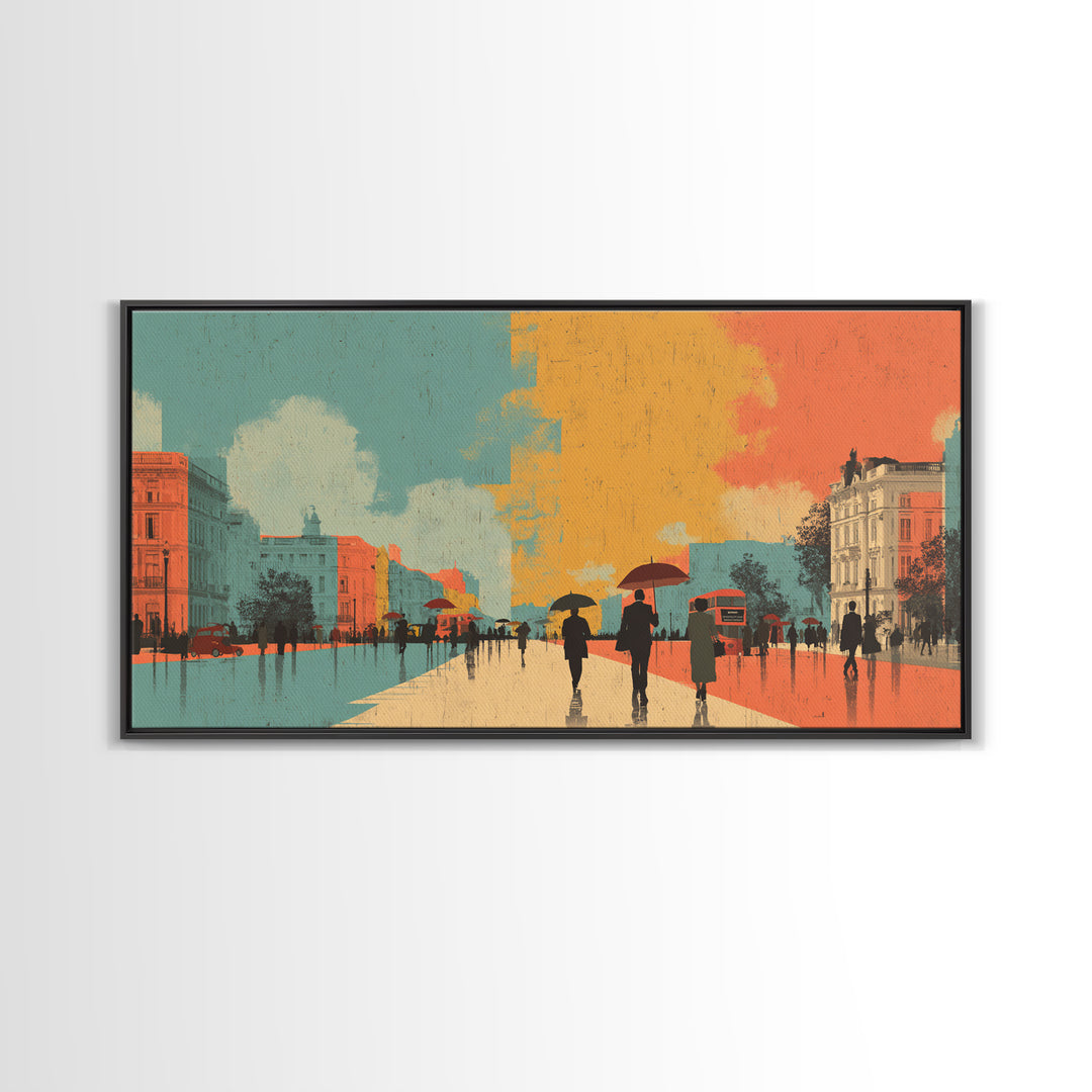 London Rainy Street Umbrella Graphic Canvas Print, Travel Poster(2), Contemporary Art, Living Room Decor, Fine Art, Voyage, TPO-2x1-54
