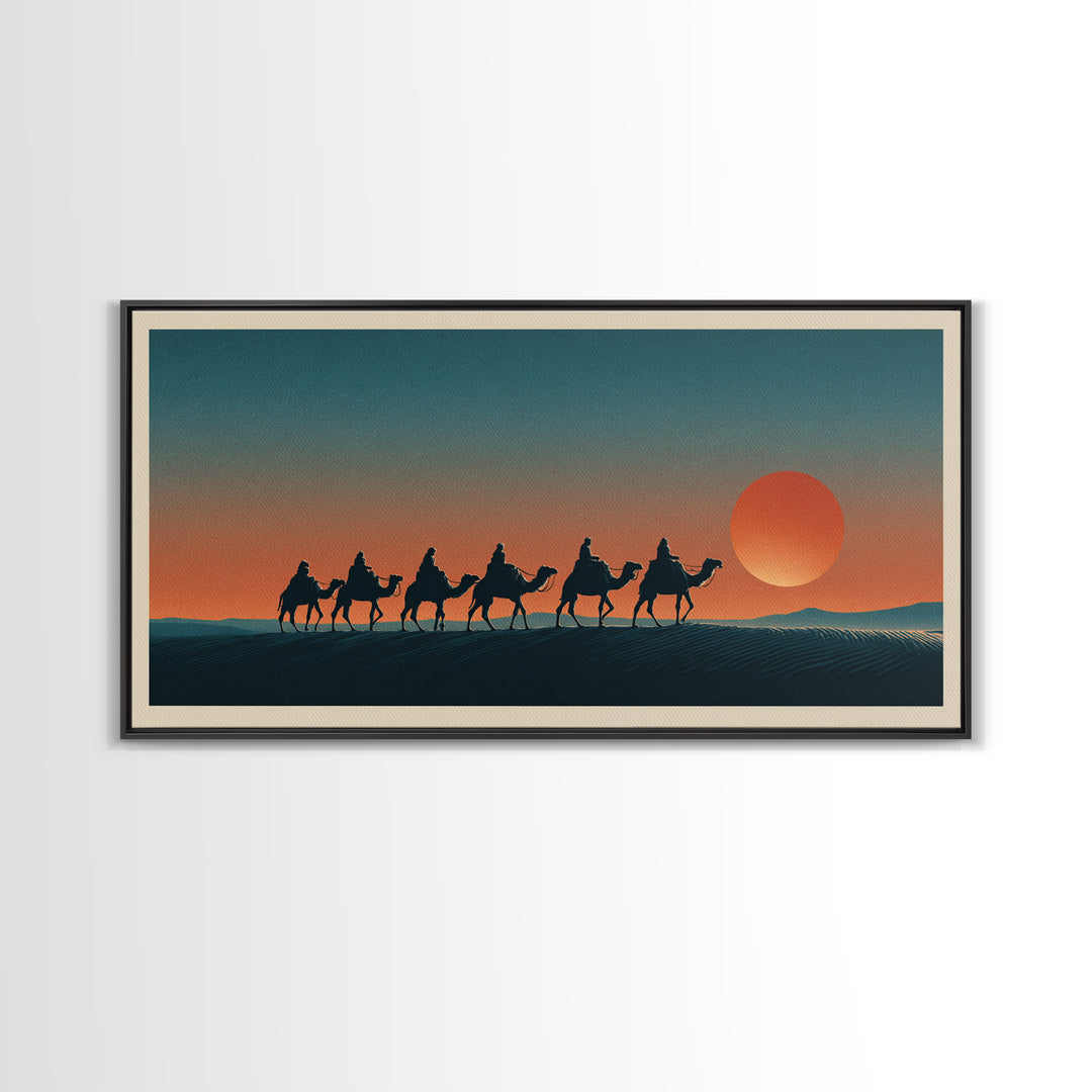 Moroccan Desert Caravan Travel Poster Framed Canvas Print, Travel Poster(2), Statement Artwork, Living Room Decor, Voyage, TPO-2x1-75