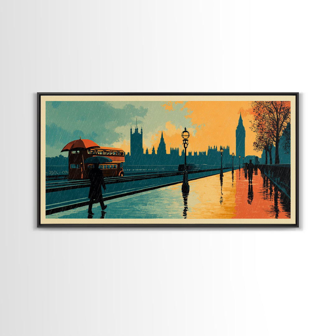 London Rainy Street Umbrella Graphic Canvas Print, Travel Poster(2), Contemporary Art, Living Room Decor, Fine Art, Voyage, TPO-2x1-78