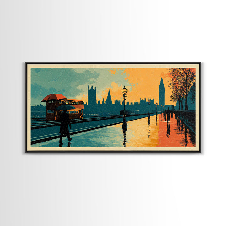 London Rainy Street Umbrella Graphic Canvas Print, Travel Poster(2), Contemporary Art, Living Room Decor, Fine Art, Voyage, TPO-2x1-78