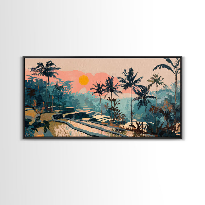 Bali Rice Terraces and Jungle Palms Framed Canvas Print, Travel Poster(2), Wall Hanging, Living Room Decor, Fine Art, Voyage, TPO-2x1-81