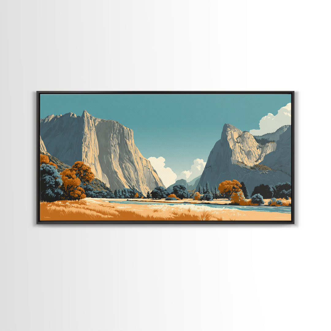 Yosemite Valley Graphic Framed Canvas Print, Travel Poster(2), Digital Poster, Living Room Decor, Oil Painting, Voyage, TPO-2x1-95