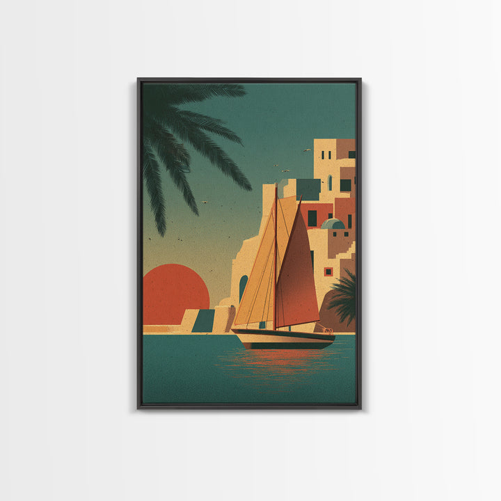 Greek Island Sailboat and Sun Poster Framed Canvas Print, Travel Poster(2), Map Print, Living Room Decor, Fine Art, Voyage, TPO-2x3-24