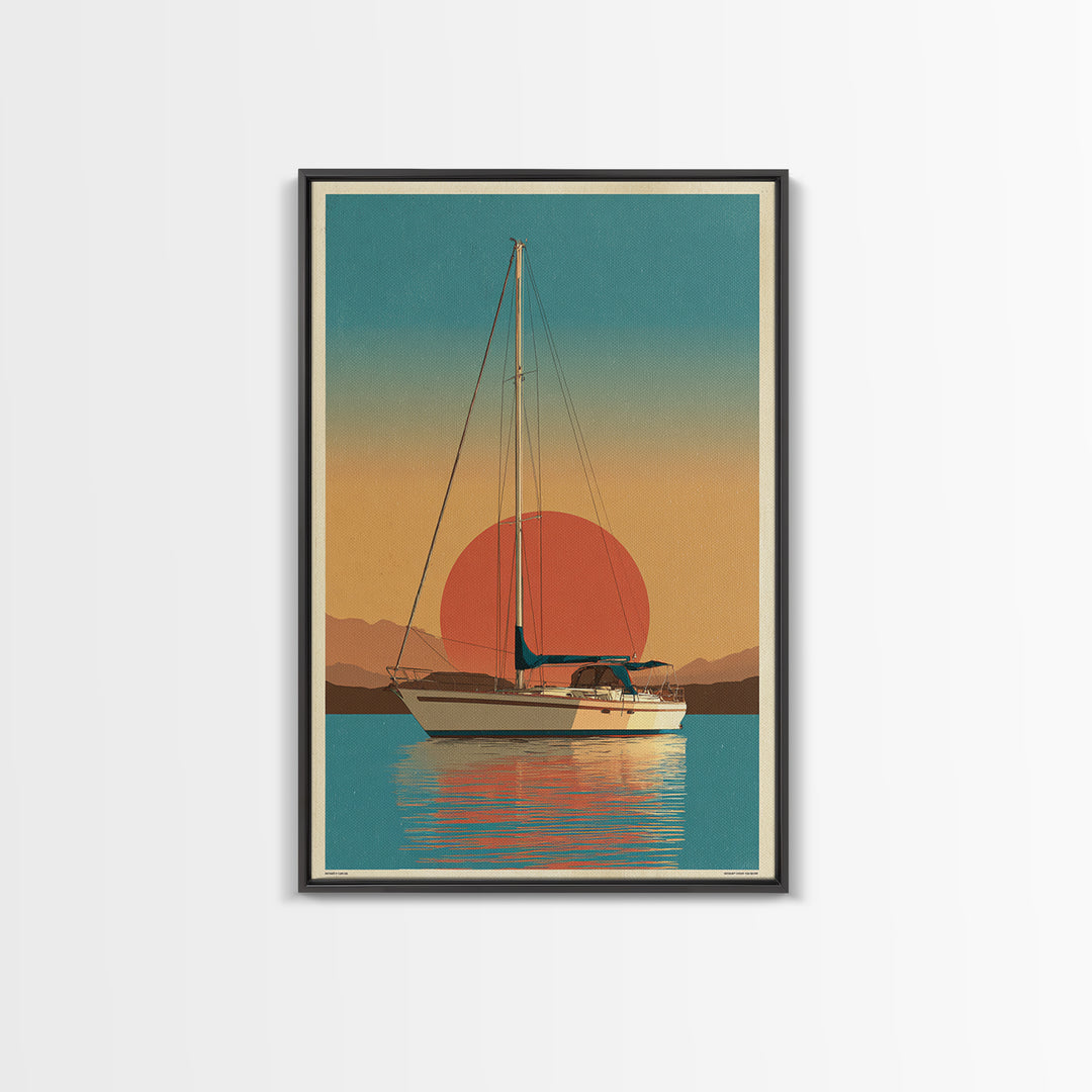Greek Island Sailboat and Sun Poster Framed Canvas Print, Travel Poster(2), Statement Artwork, Living Room Decor, Voyage, TPO-2x3-48