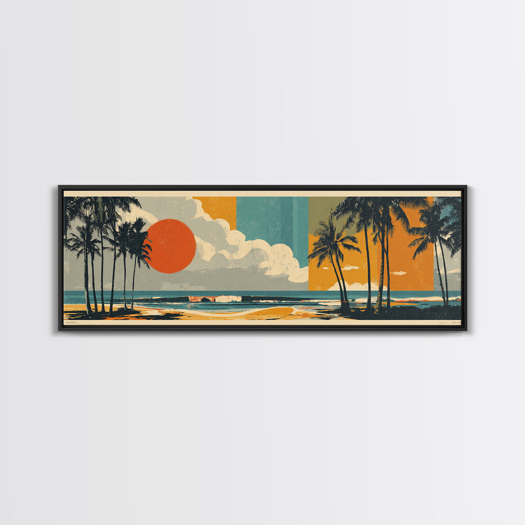 Hawaii Surf and Palm Tree Poster Framed Canvas Print, Travel Poster(2), Living Room Wall Art, Living Room Decor, Voyage, TPO-3x1-1