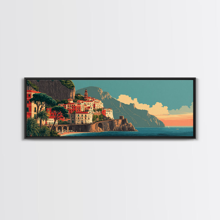Retro Amalfi Coast Cliffs Framed Canvas Print, Travel Poster(2), Wall Hanging, Living Room Decor, Voyage, Landscape Art, TPO-3x1-18