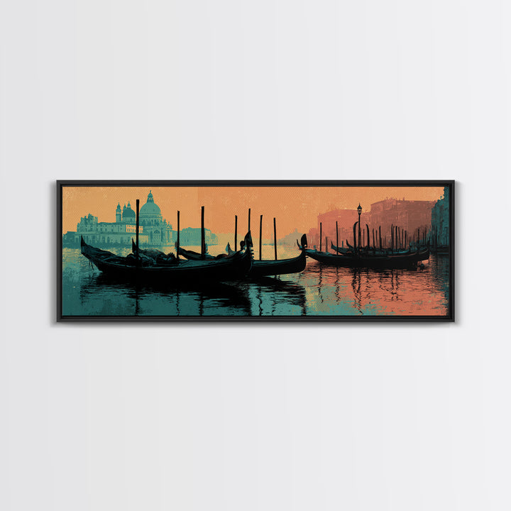 Venice Gondola Silhouette Framed Canvas Print, Travel Poster(2), Landscape Prints, Living Room Decor, Fine Art, Voyage, TPO-3x1-28