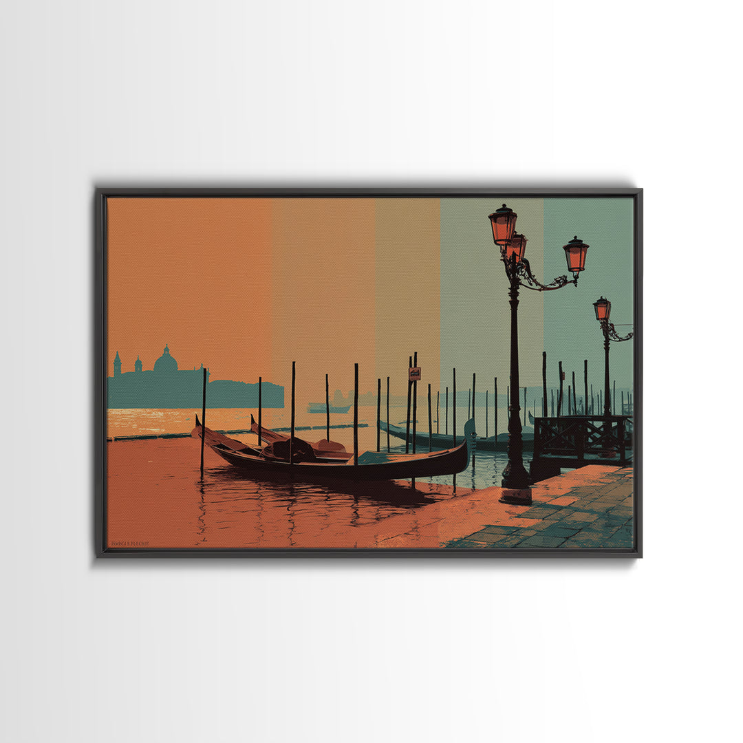 Venice Gondola Silhouette Framed Canvas Print, Travel Poster(2), Gallery Decor, Living Room Decor, Fine Art, Voyage, TPO-3x2-64