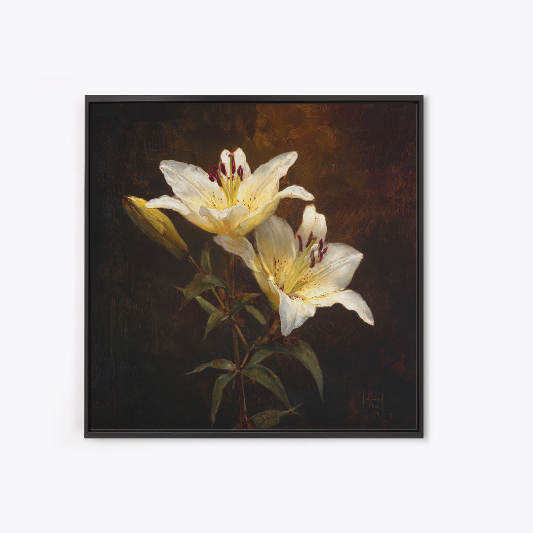 White Lilies on Dark Background Canvas Print, Traditional Art, Digital Print, Living Room Decor, Oil Painting, Classic, TRA-1x1-15