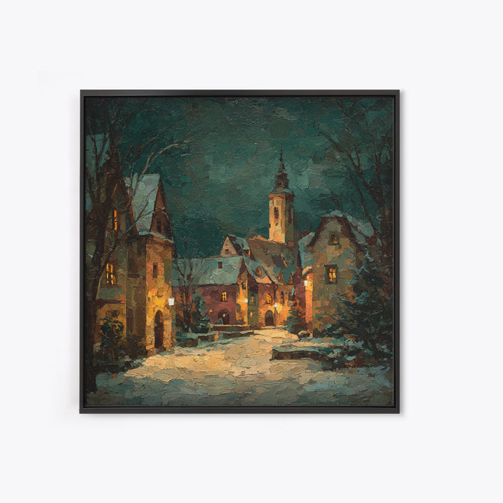 Snowy Village Landscape at Twilight Canvas Print, Traditional Art, Printable Art, Living Room Decor, Watercolor Art, Classic, TRA-1x1-19