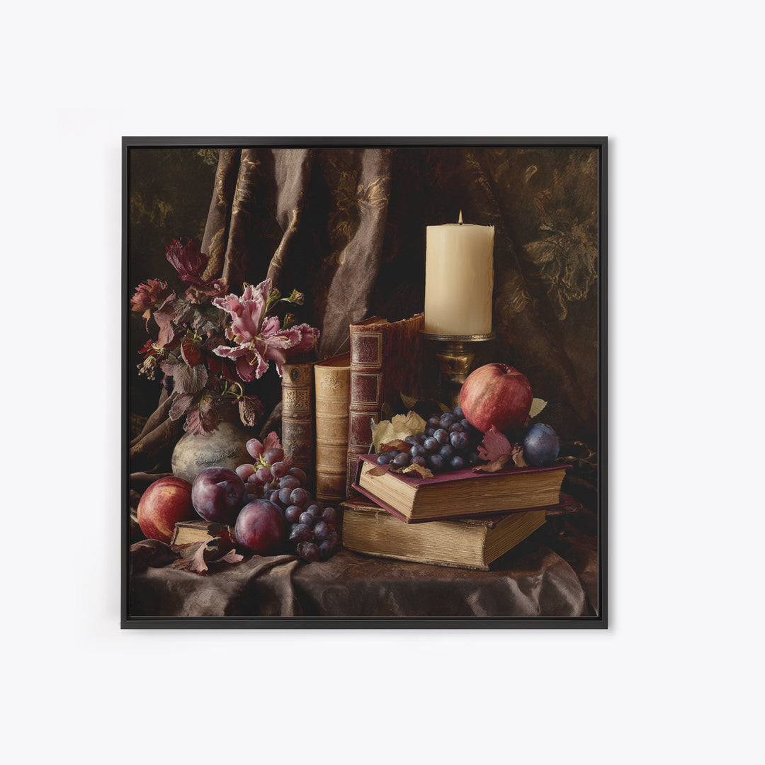 Still Life of Books Candle and Fruit Canvas Print, Traditional Art, Painting, Living Room Decor, Classic, Art Commissions, TRA-1x1-20