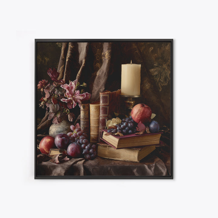 Still Life of Books Candle and Fruit Canvas Print, Traditional Art, Painting, Living Room Decor, Classic, Art Commissions, TRA-1x1-20