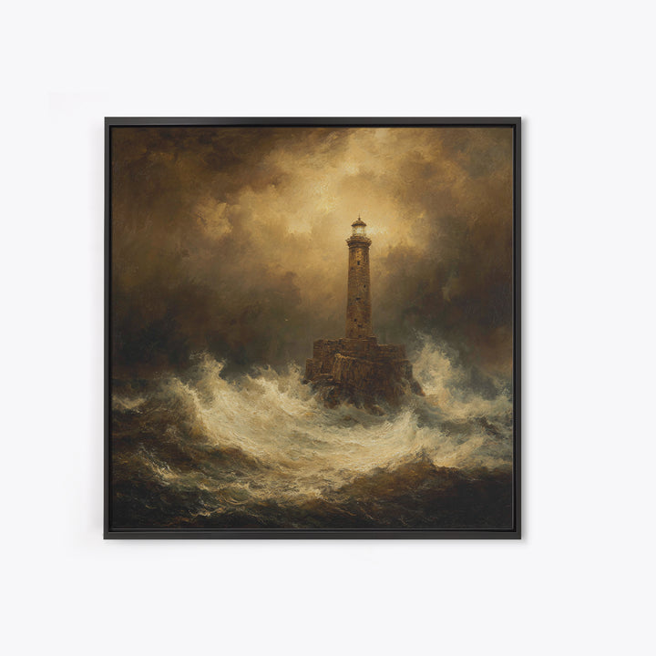 Lighthouse with Crashing Waves Framed Canvas Print, Traditional Art, Neutral Decor, Living Room Decor, Fine Art, Classic, TRA-1x1-21