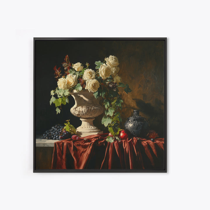 Garden Urn with Roses and Ivy Framed Canvas Print, Traditional Art, Indian Wall Art, Living Room Decor, Watercolor Art, Classic, TRA-1x1-24