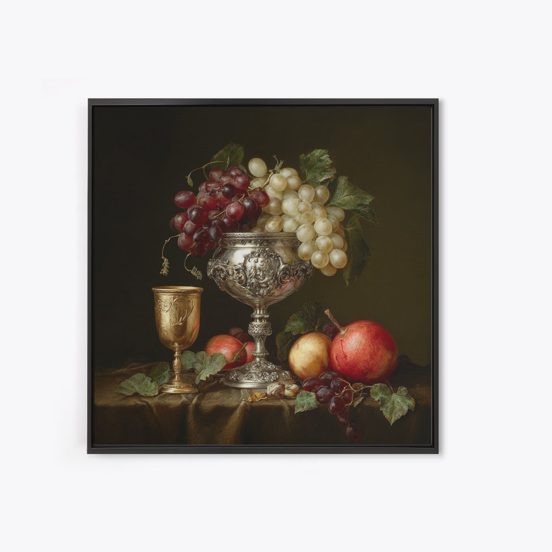 Dutch Fruit and Silver Goblet Still Life Framed Canvas Print, Traditional Art, Living Room Decor, Oil Painting, Classic, TRA-1x1-28