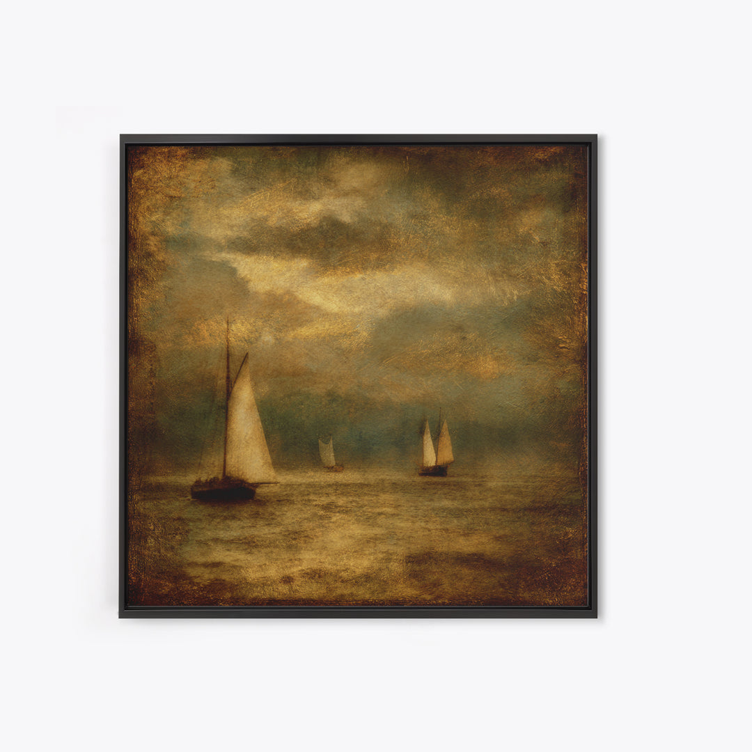 Seascape with Sailboats and Cloudy Sky Framed Canvas Print, Traditional Art, Textured Painting, Living Room Decor, Classic, TRA-1x1-29
