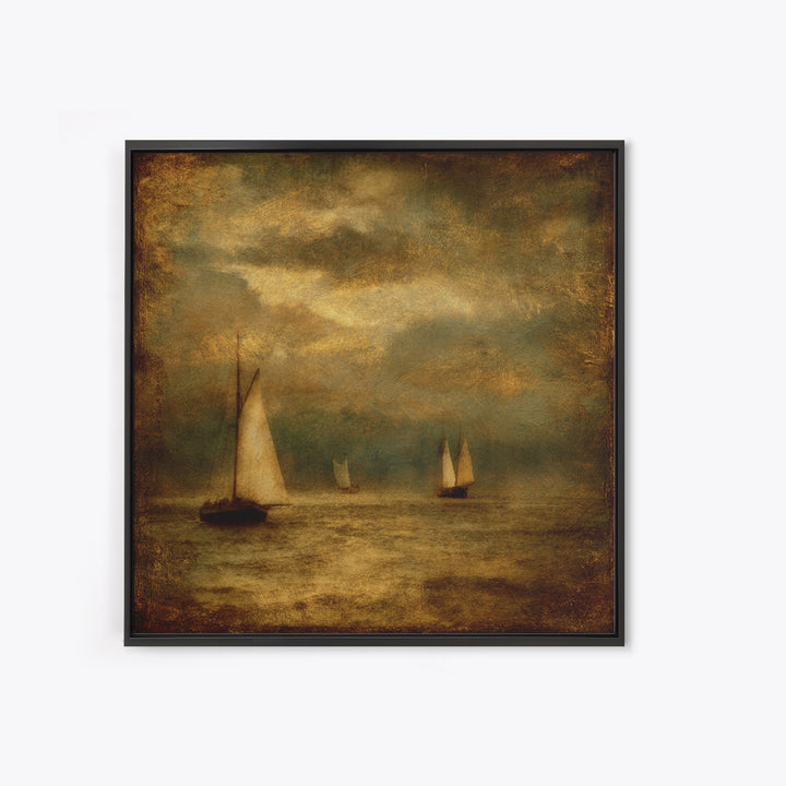 Seascape with Sailboats and Cloudy Sky Framed Canvas Print, Traditional Art, Textured Painting, Living Room Decor, Classic, TRA-1x1-29
