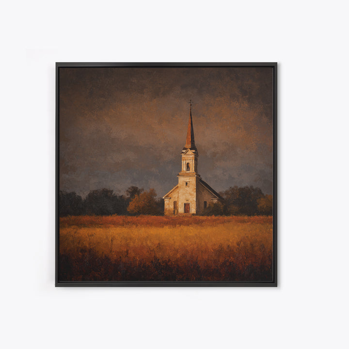 Church Steeple Across Rural Meadow Framed Canvas Print, Traditional Art, Boho Decor, Living Room Decor, Fine Art, Classic, TRA-1x1-37