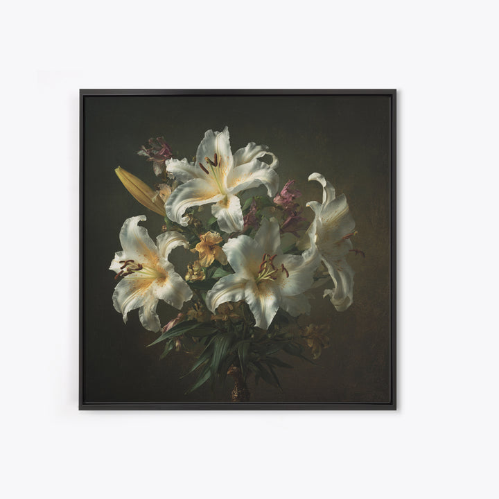 White Lilies on Dark Background Framed Canvas Print, Traditional Art, Custom Art, Living Room Decor, Fine Art, Classic, TRA-1x1-39