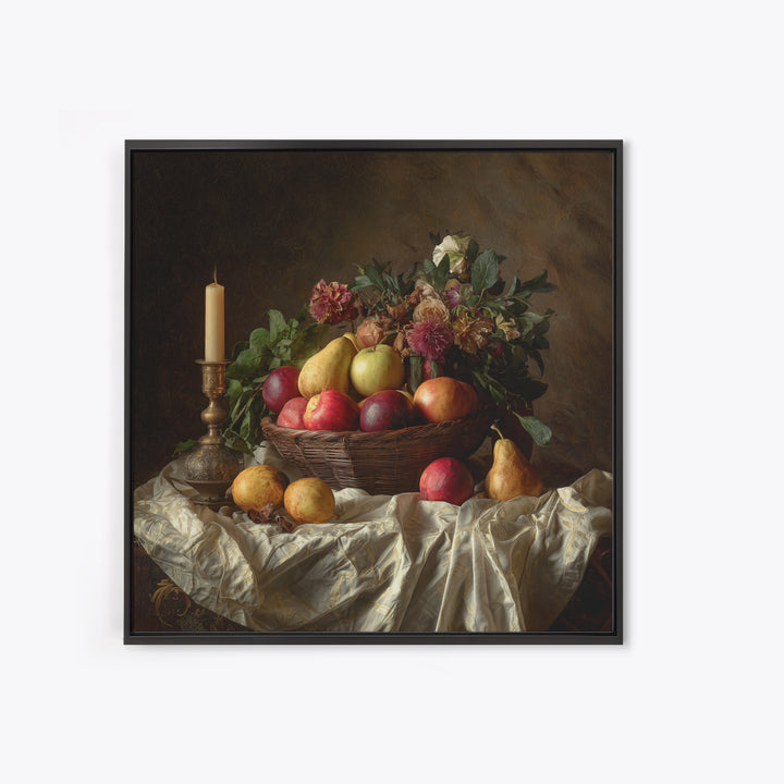 Basket of Apples and Pears on Linen Framed Canvas Print, Traditional Art, Landscape, Living Room Decor, Fine Art, Classic, TRA-1x1-42