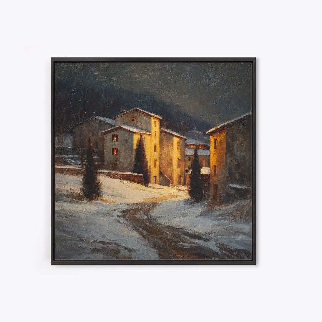 Snowy Village Landscape at Twilight Framed Canvas Print, Traditional Art, Furry Art, Living Room Decor, Fine Art, Classic, TRA-1x1-43