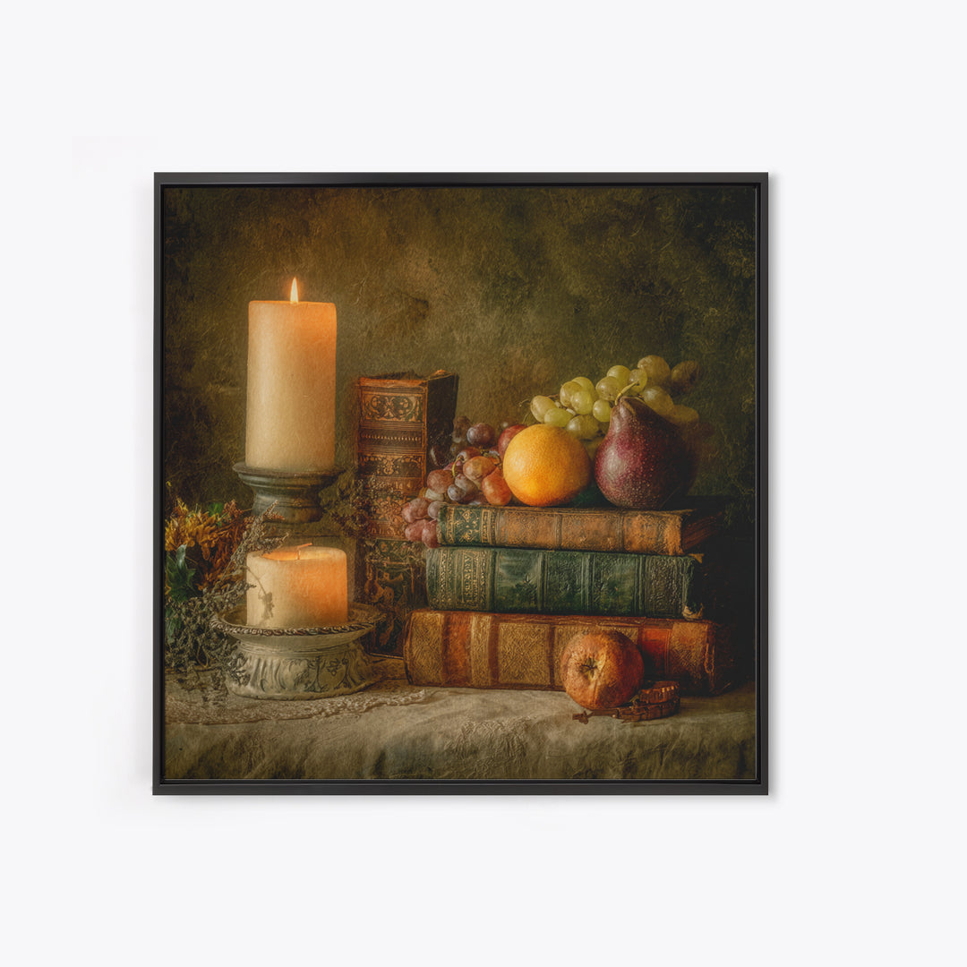 Still Life of Books Candle and Fruit Framed Canvas Print, Traditional Art, Boho, Living Room Decor, Fine Art, Classic, TRA-1x1-44
