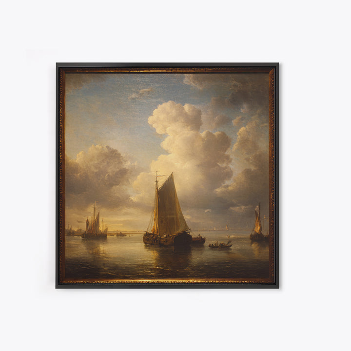 Seascape with Sailboats and Cloudy Sky Framed Canvas Print, Traditional Art, Textured Painting, Living Room Decor, Classic, TRA-1x1-53