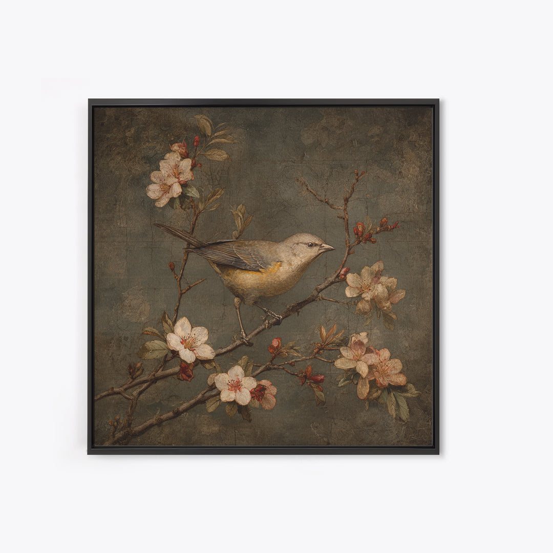 Bird Study on a Flowering Branch Framed Canvas Print, Traditional Art, Pokemon Poster, Living Room Decor, Fine Art, Classic, TRA-1x1-58