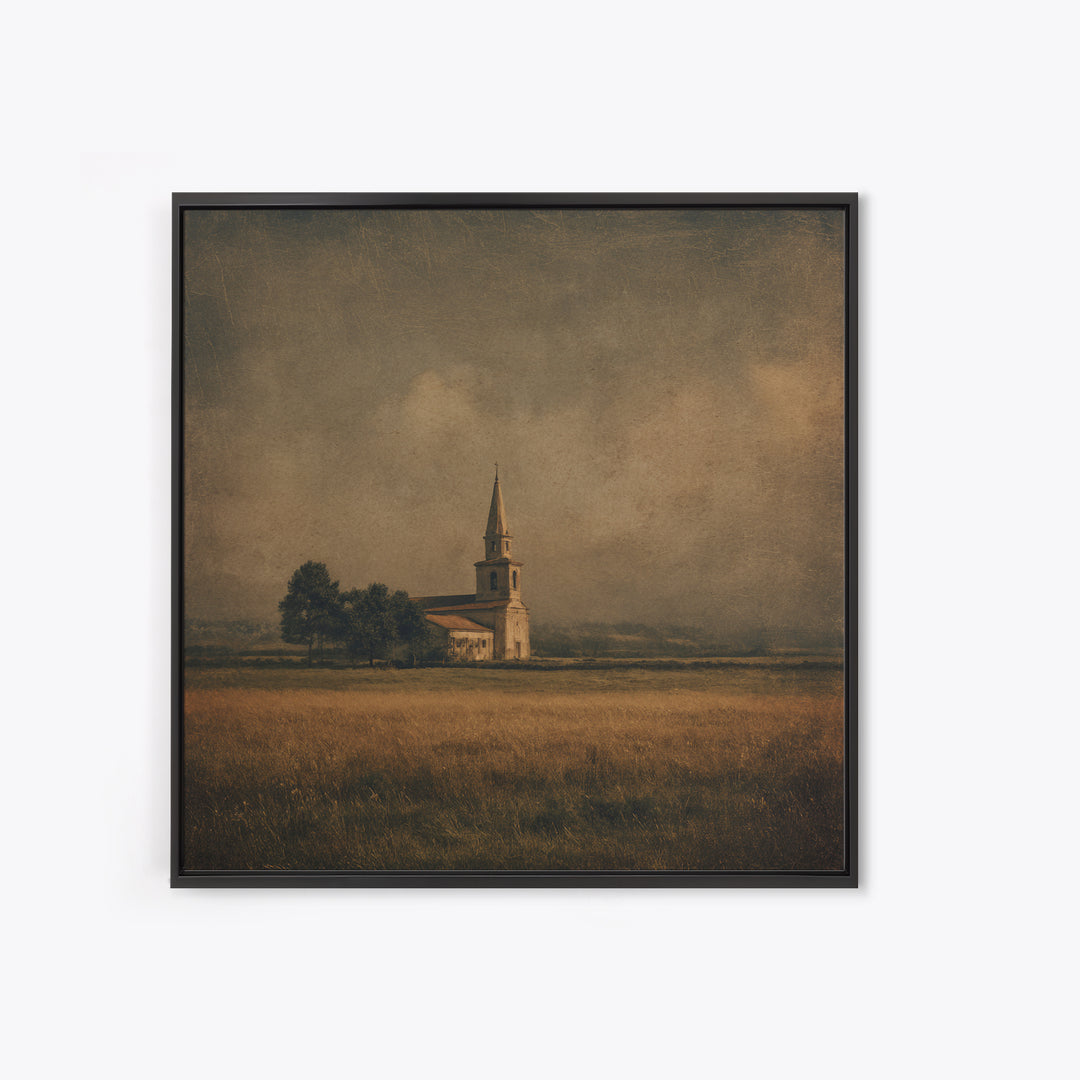 Church Steeple Across Rural Meadow Framed Canvas Print, Traditional Art, Boho Decor, Living Room Decor, Fine Art, Classic, TRA-1x1-61