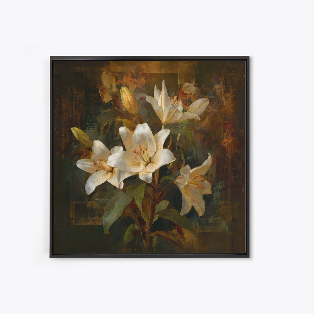 White Lilies on Dark Background Framed Canvas Print, Traditional Art, Neutral Decor, Living Room Decor, Fine Art, Classic, TRA-1x1-63