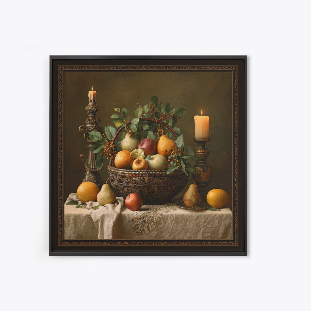 Basket of Apples and Pears on Linen Framed Canvas Print, Traditional Art, Landscape, Living Room Decor, Fine Art, Classic, TRA-1x1-66