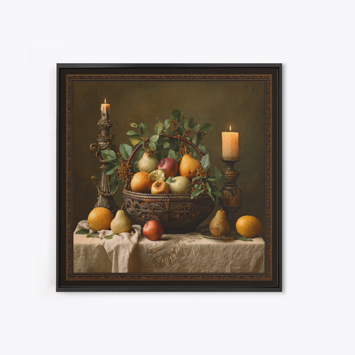 Basket of Apples and Pears on Linen Framed Canvas Print, Traditional Art, Landscape, Living Room Decor, Fine Art, Classic, TRA-1x1-66