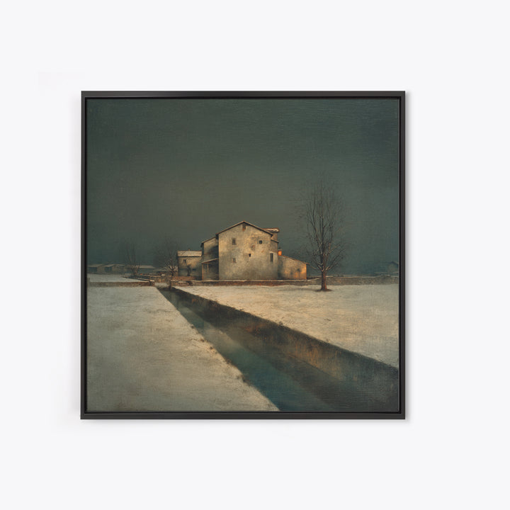 Snowy Village Landscape at Twilight Framed Canvas Print, Traditional Art, Modern Decor, Living Room Decor, Fine Art, Classic, TRA-1x1-67