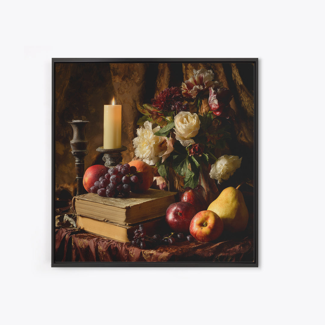 Still Life of Books Candle and Fruit Framed Canvas Print, Traditional Art, Watercolor Art, Living Room Decor, Fine Art, Classic, TRA-1x1-68