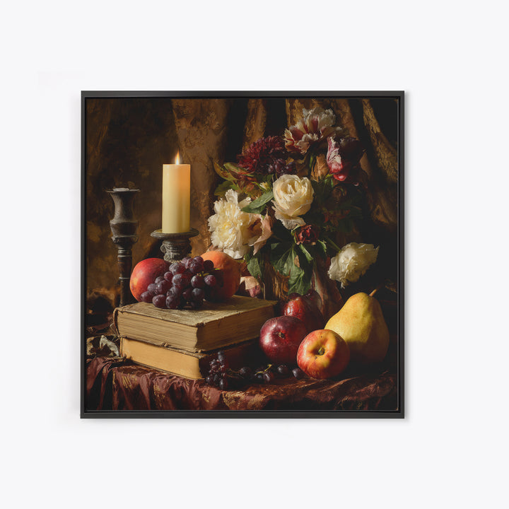Still Life of Books Candle and Fruit Framed Canvas Print, Traditional Art, Watercolor Art, Living Room Decor, Fine Art, Classic, TRA-1x1-68