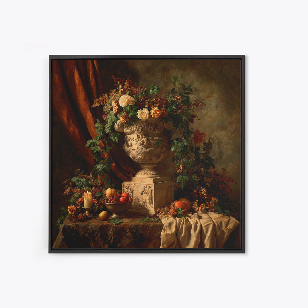 Garden Urn with Roses and Ivy Framed Canvas Print, Traditional Art, Landscape, Living Room Decor, Fine Art, Classic, TRA-1x1-72