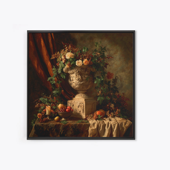 Garden Urn with Roses and Ivy Framed Canvas Print, Traditional Art, Landscape, Living Room Decor, Fine Art, Classic, TRA-1x1-72