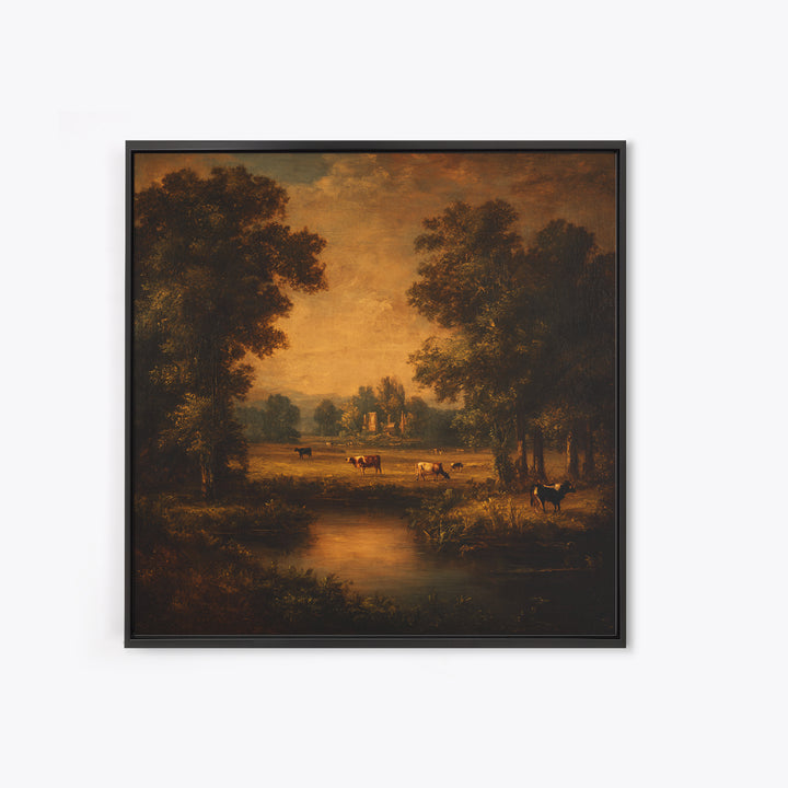 Pastoral Countryside with Cows in Field Framed Canvas Print, Traditional Art, Boho Decor, Living Room Decor, Oil Painting, TRA-1x1-79