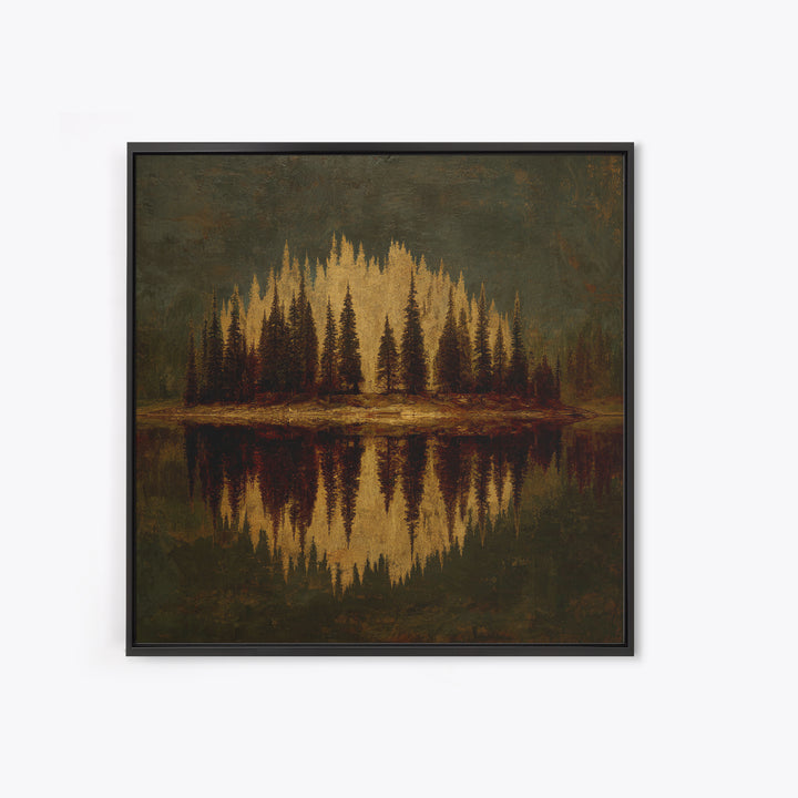 Mountain Lake with Pine Forest Reflection Canvas Print, Traditional Art, Art, Living Room Decor, Oil Painting, Classic, TRA-1x1-81
