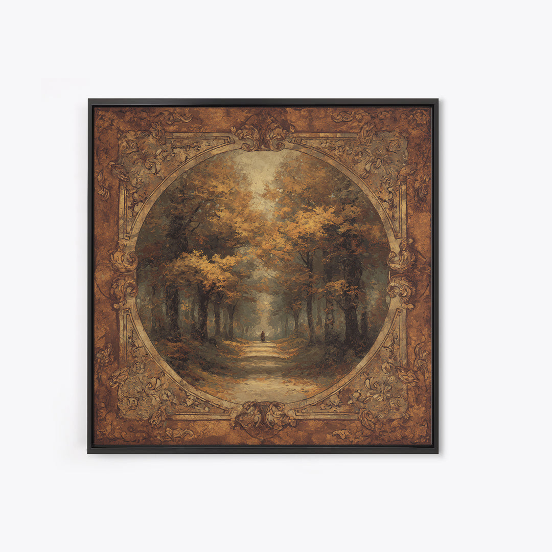Autumn Forest Road Framed Canvas Print, Traditional Art, Minimalist Decor, Living Room Decor, Oil Painting, Classic, Boho, TRA-1x1-88