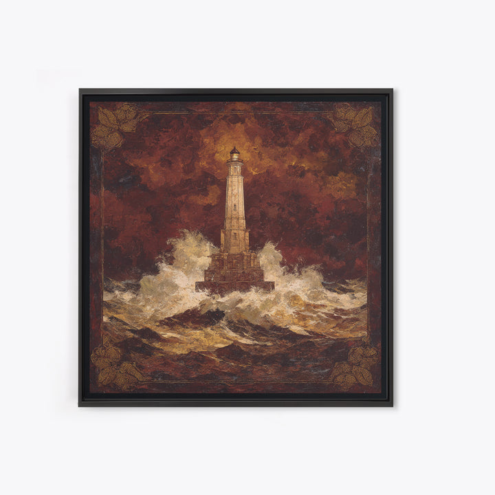 Lighthouse with Crashing Waves Framed Canvas Print, Traditional Art, Wall Art, Living Room Decor, Oil Painting, Classic, TRA-1x1-93