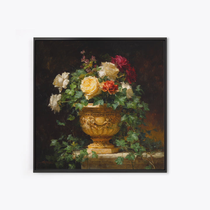 Garden Urn with Roses and Ivy Framed Canvas Print, Traditional Art, Decor, Living Room Decor, Fine Art, Classic, Japanese Art, TRA-1x1-96